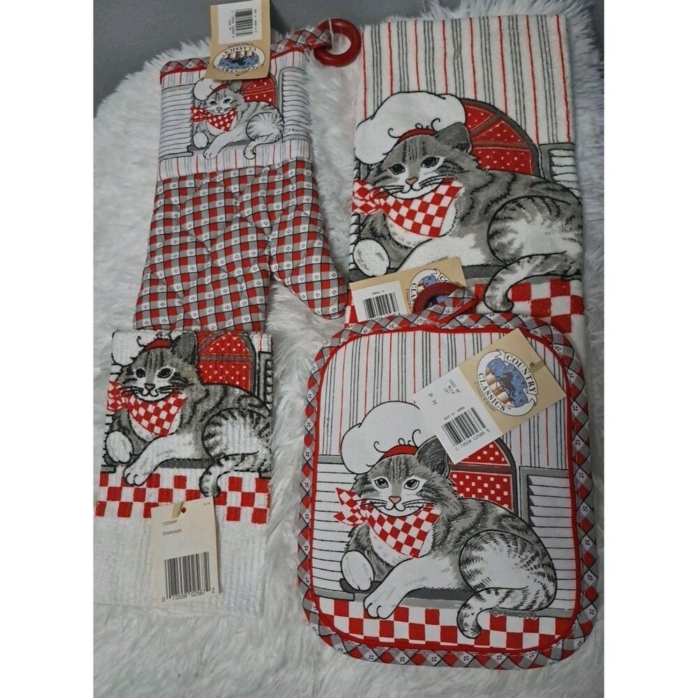 Vintage Franco Cat Theme Kitchen Towel 4 Pcs Set Bundle New Deadstock